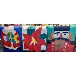 Vintage Set of 3 Christmas Yard Flags Nutcracker Santa Poinsettia 40x28" Holiday